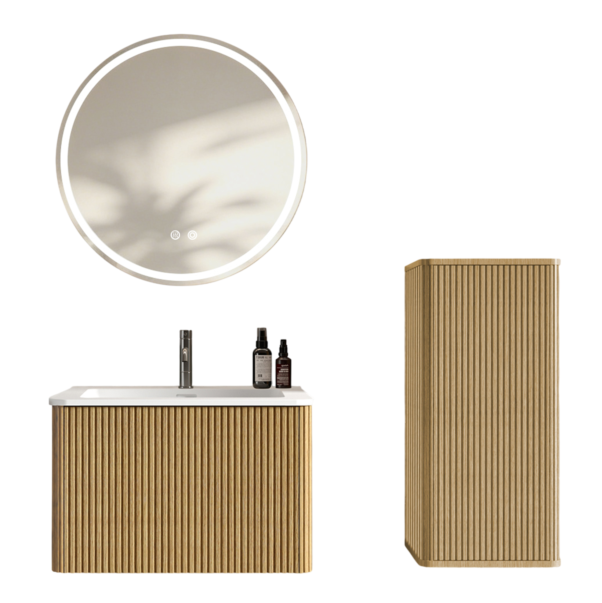 Badmöbel-set 60 Cm Mit Waschbecken, Led-spiegel Und Hochschrank, Eichenoptik