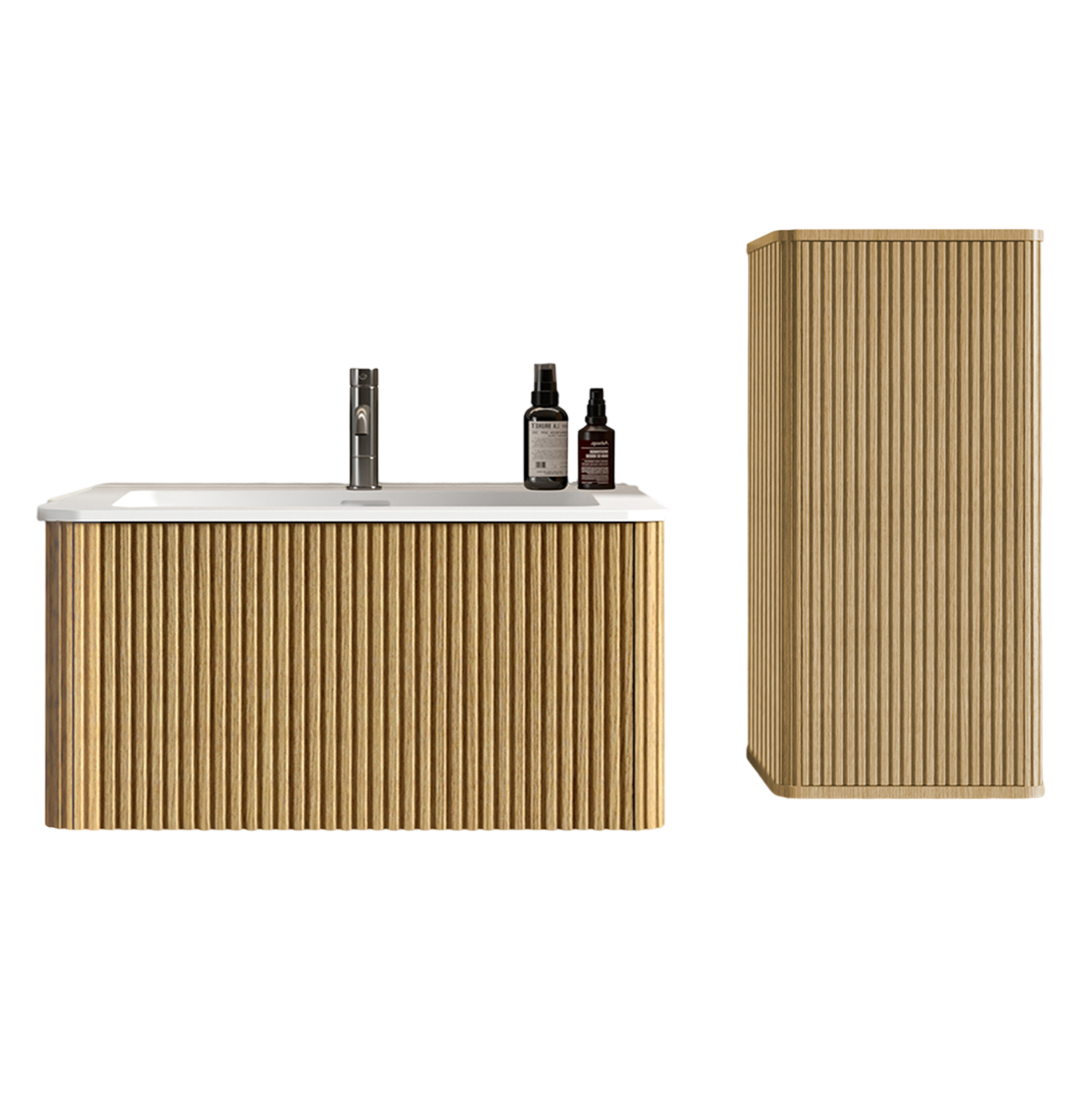 Badmöbel-set Mit Waschbecken Und Hängendem Unterschrank 81 Cm, Eiche, Mit Seitenhochschrank