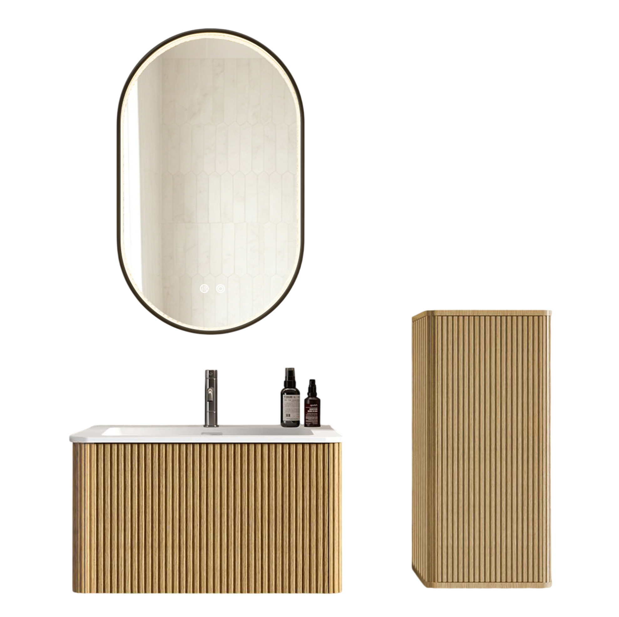 Hängendes Badmöbel-set 80 Cm Mit Waschbecken, Seitenschrank Und Ovalem Led-spiegel, Eiche
