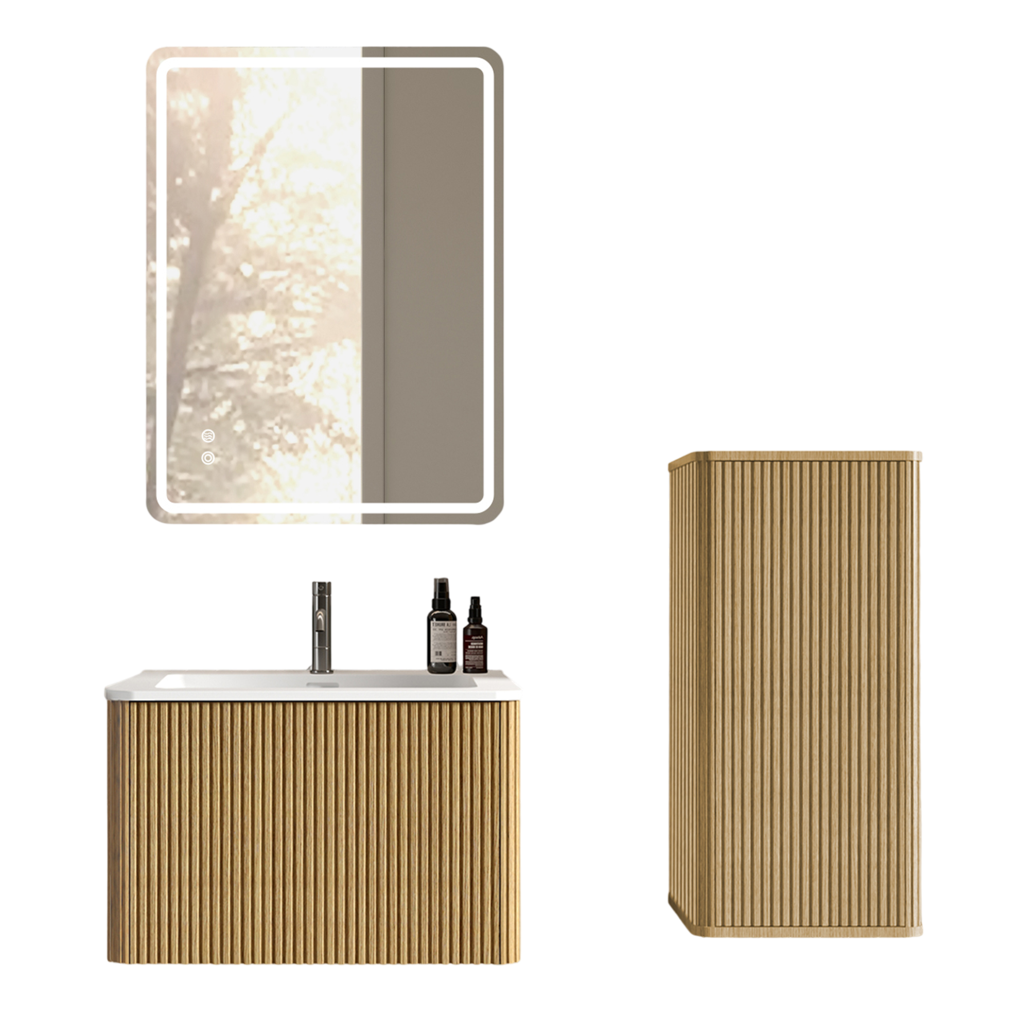 Badezimmermöbel-set Mit Led-spiegel 60 Cm, Hängewaschbecken Und Seitenschrank, Eiche