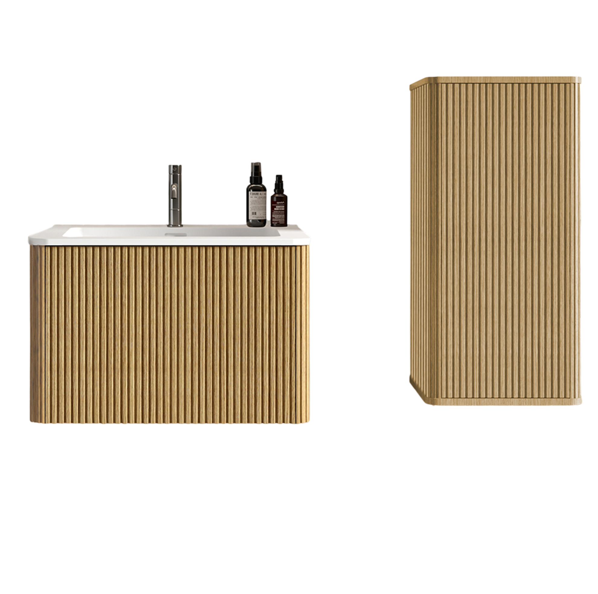 60 Cm Badmöbel-set Mit Waschbecken Aus Mdf In Eichenoptik, Hängend Mit Seitenhochschrank Modenuit