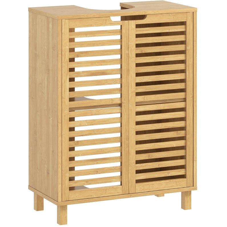 Waschbeckenunterschrank Aus Natürlichem Bambus Mit Lamellentüren Und Verstellbarem Regal
