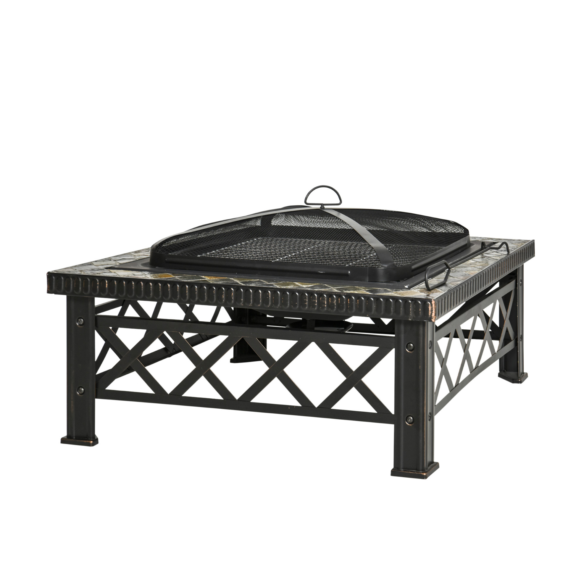 3-in-1 Feuerschale Aus Schwarzem Stahl Mit Grillrost, Funkenschutz Und Haken 76 X 76 X 47 Cm