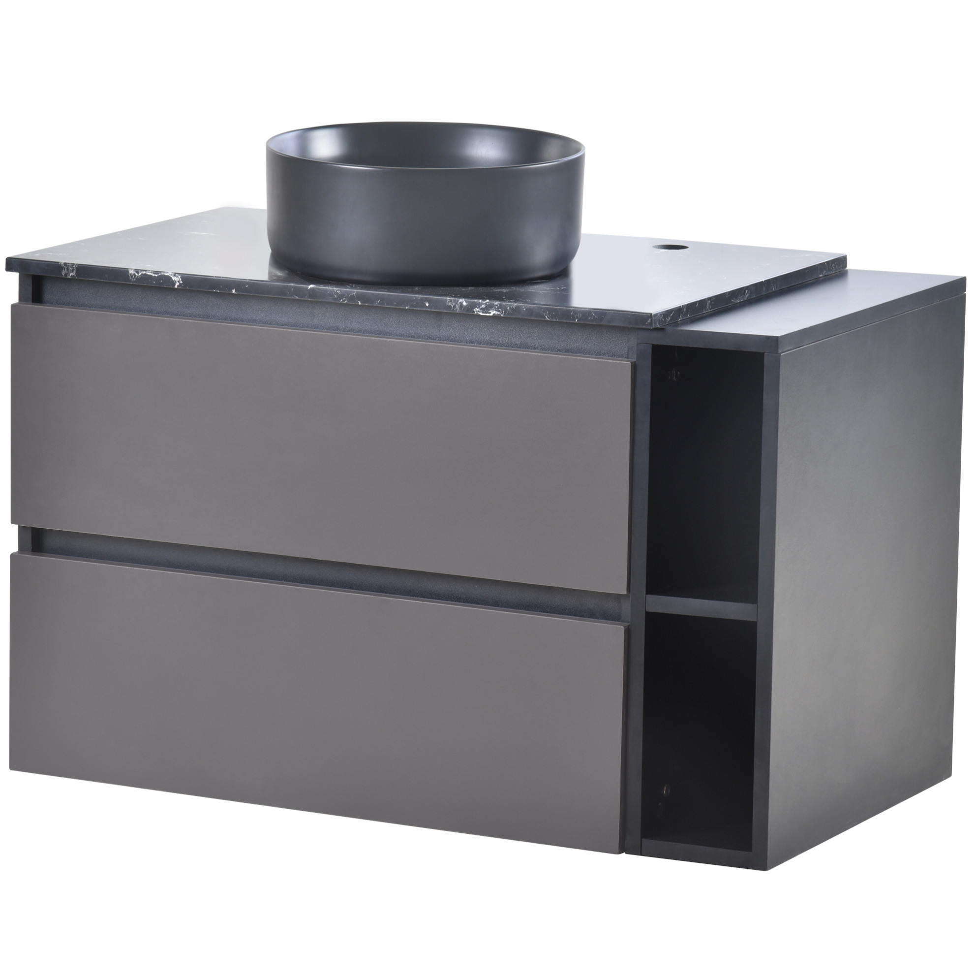 Hängender Badschrank 80 Cm Mit Keramikwaschbecken, 2 Schubladen, Schwarz Und Grau