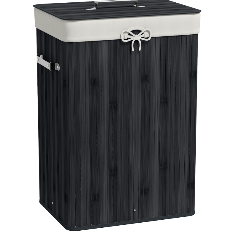 Wäschekorb Mit Deckel Aus Bambus Und Stoff, Faltbar, 72 L, Schwarz, 40 X 30 X 60 Cm