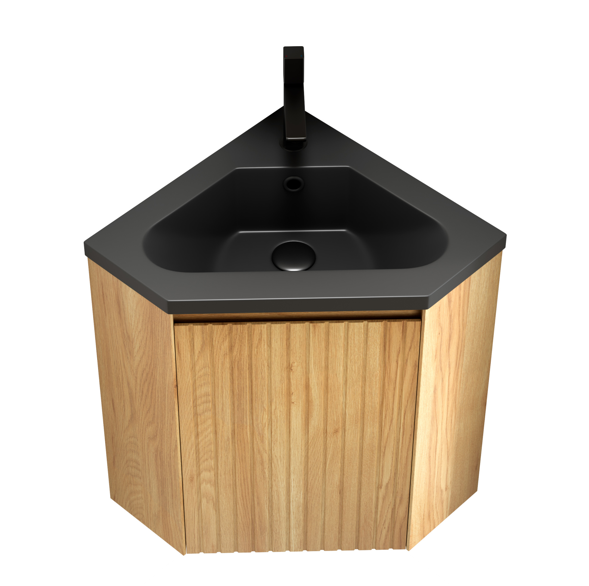 Eckwaschtisch 54,5 Cm Mit Mattschwarzem Harzwaschbecken Und Naturholz-unterschrank