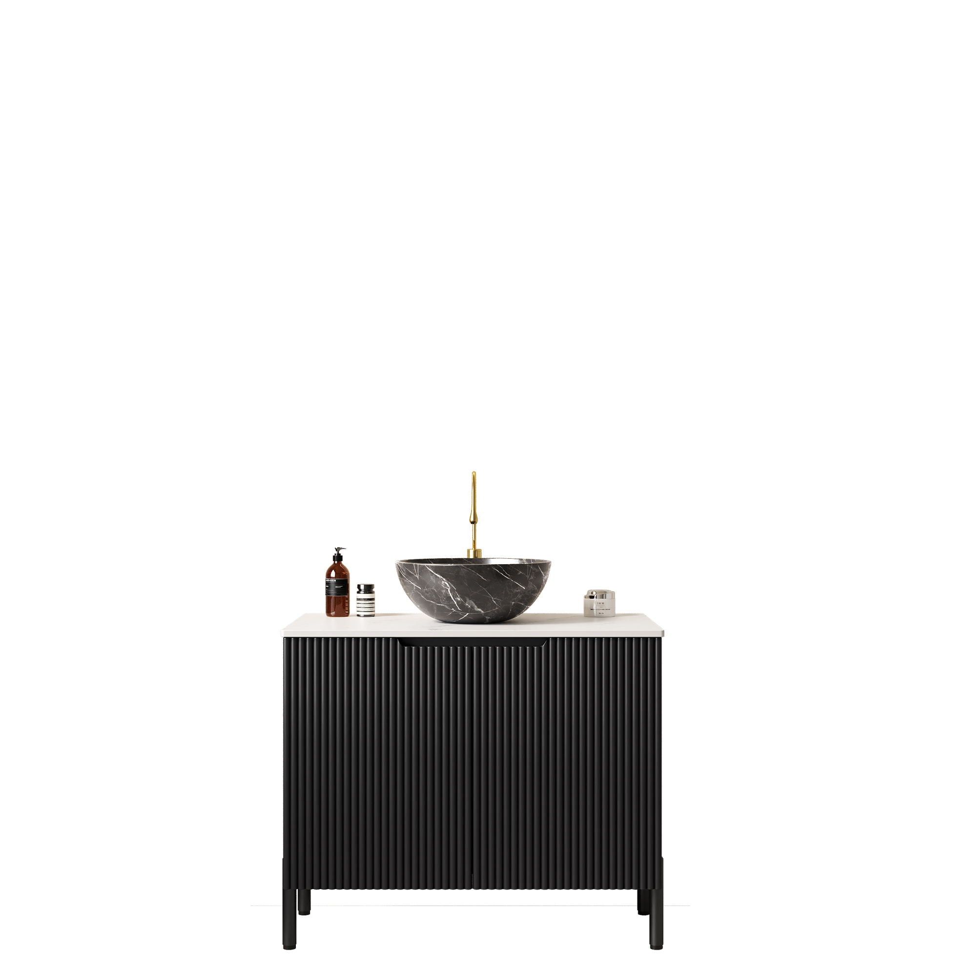 Freistehender Badschrank 76 Cm Schwarz Mit Keramikwaschbecken Und Sintersteinplatte