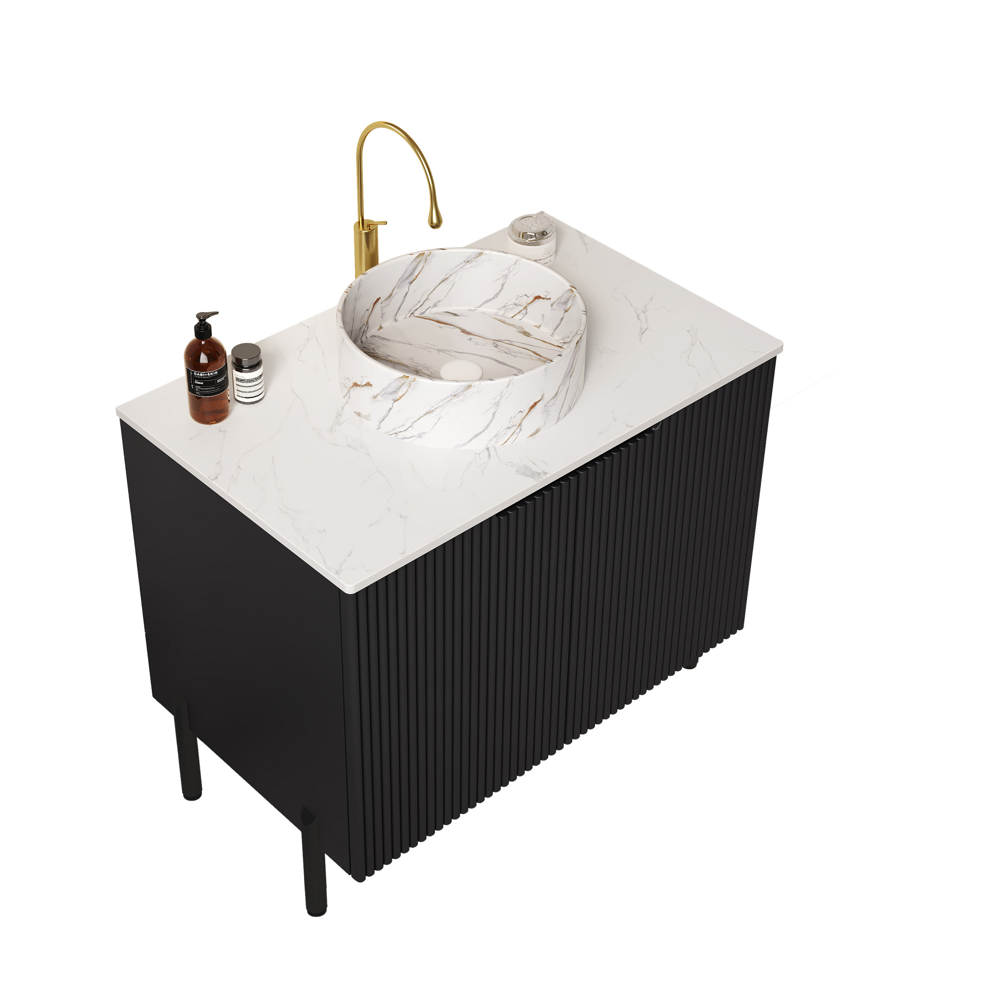 Freistehender Waschbeckenunterschrank 76 Cm Schwarz Mit Rundem Keramikbecken Und Carrara-top