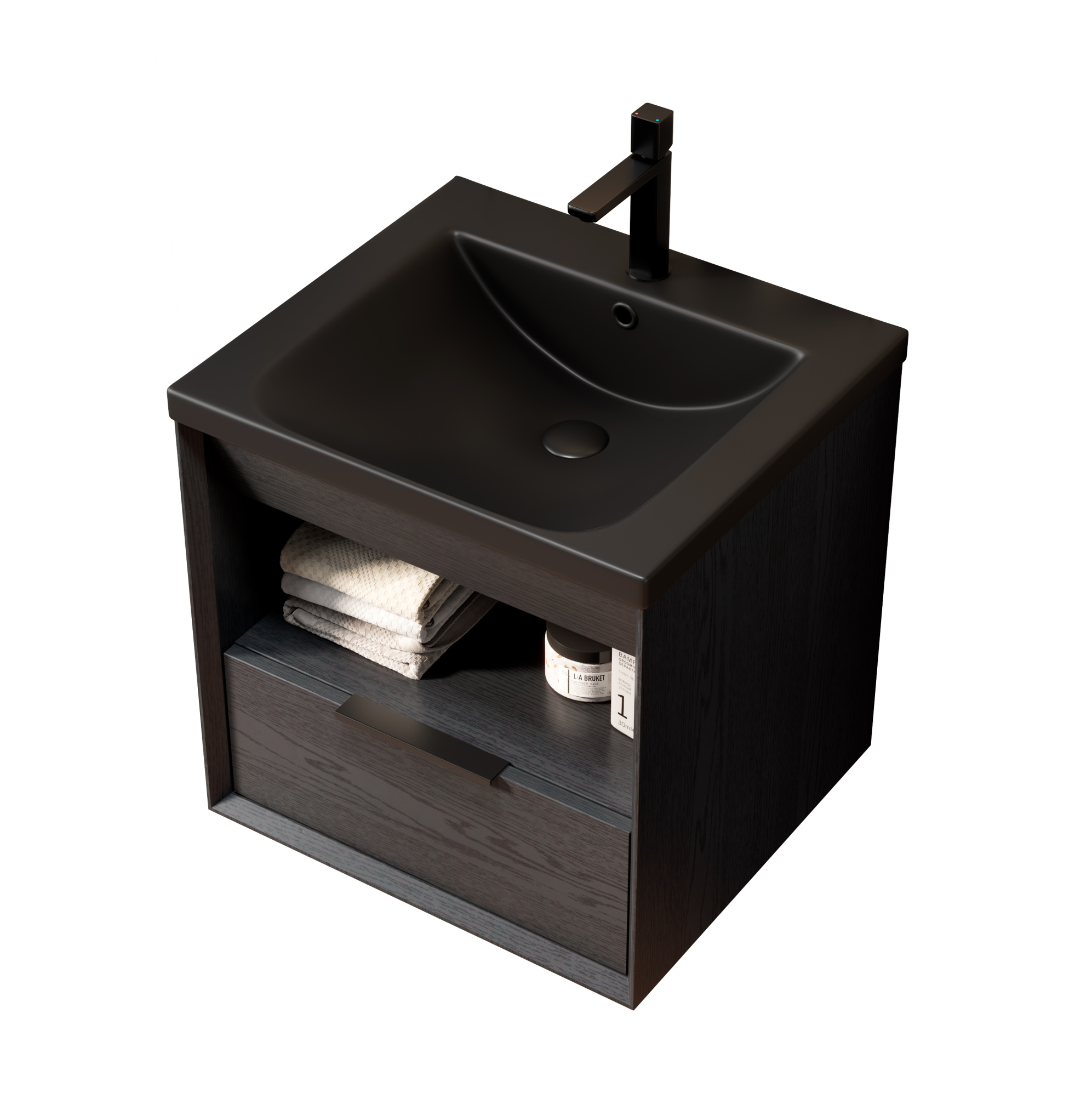 Hängender Badschrank 51 Cm Mit Keramikwaschbecken, Schublade Und Regal, Schwarz