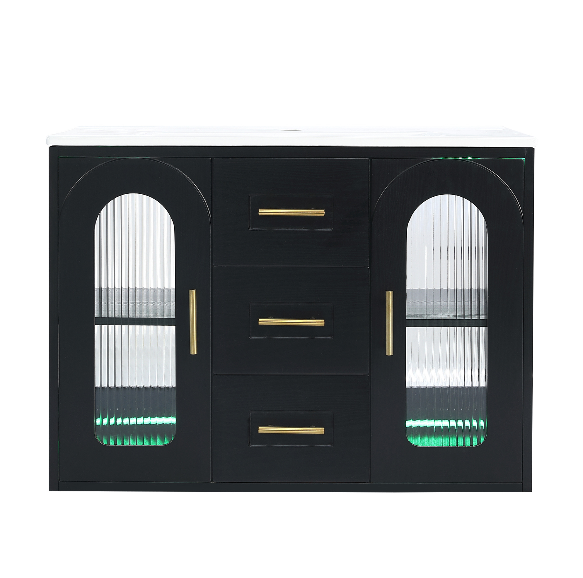 Hängender Badezimmerschrank 76 Cm Mit Keramikwaschbecken, Schwarzes Mdf In Holzoptik, Led