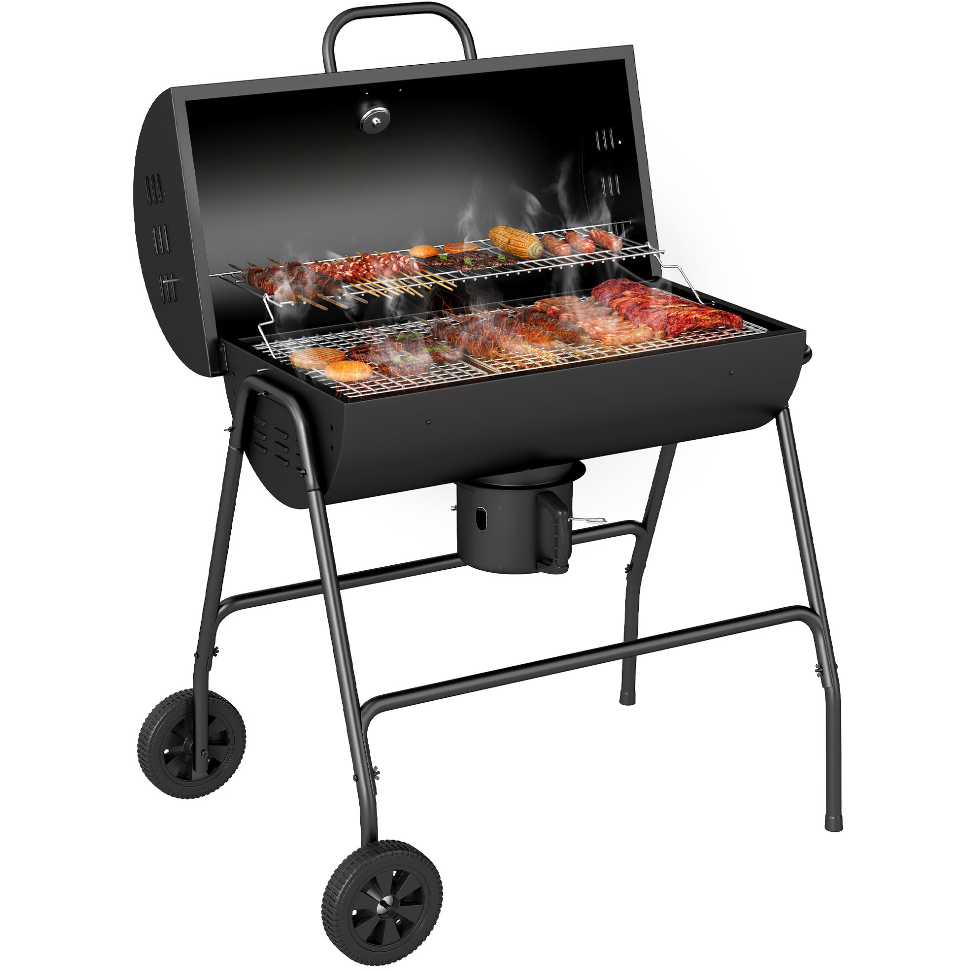 Holzkohlegrill Aus Metall Mit Deckel, Thermometer Und Rädern Modenuit