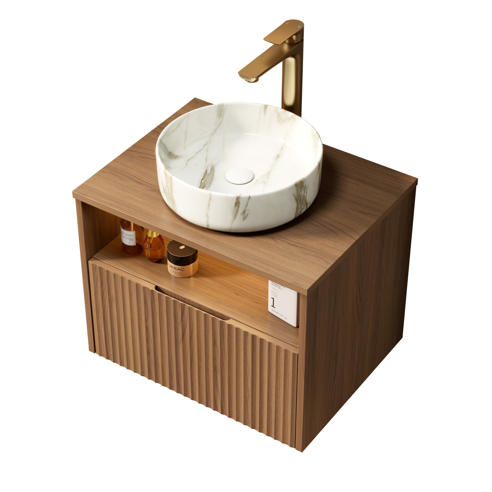 60 Cm Schwebender Badschrank Mit Weißem Keramikwaschbecken, Schublade, Ablage, Led