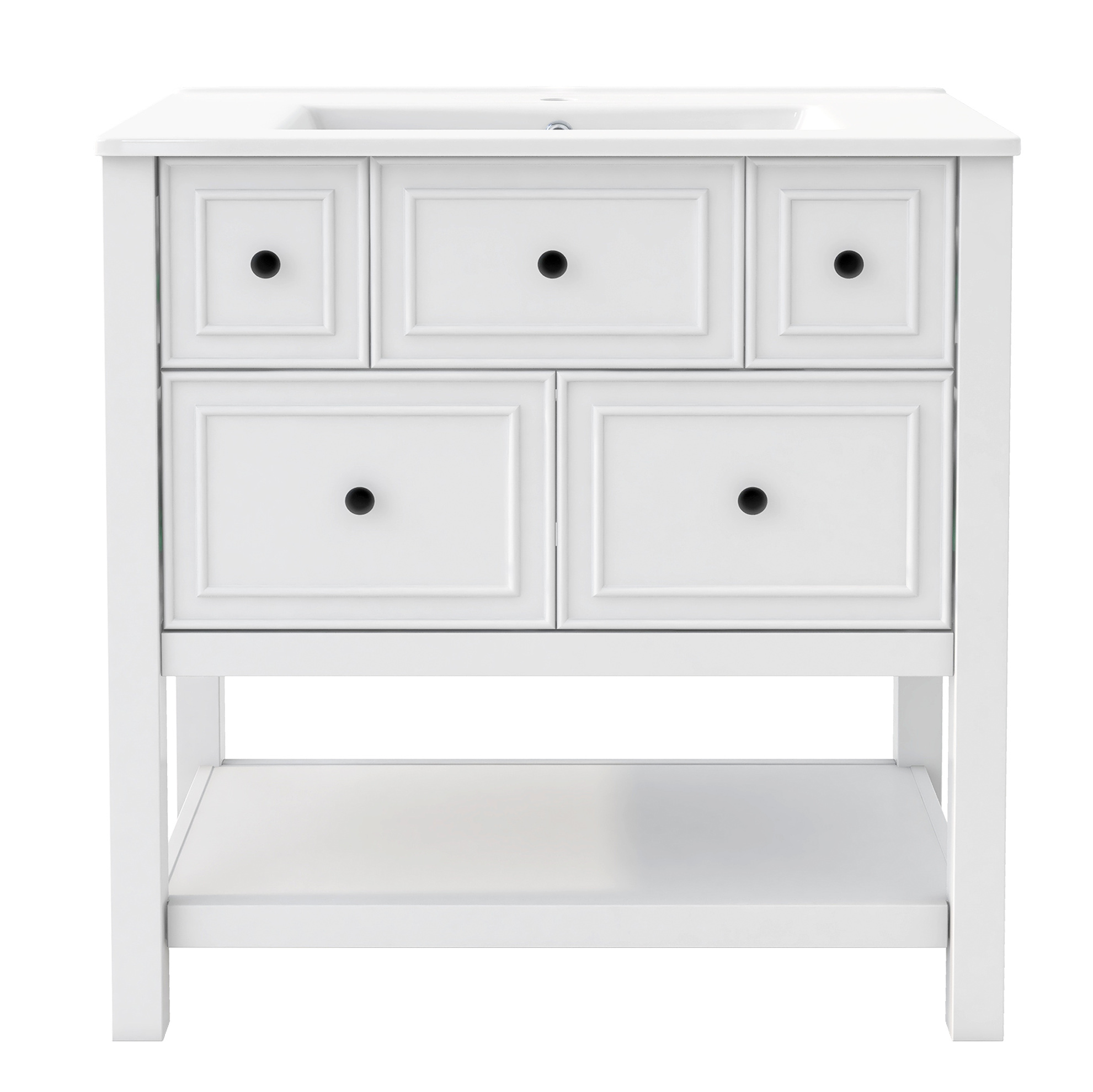 Weißer Badschrank 76 X 46,5 X 82 Cm Mit Keramikwaschbecken, 5 Schubladen Und Offenen Fächern