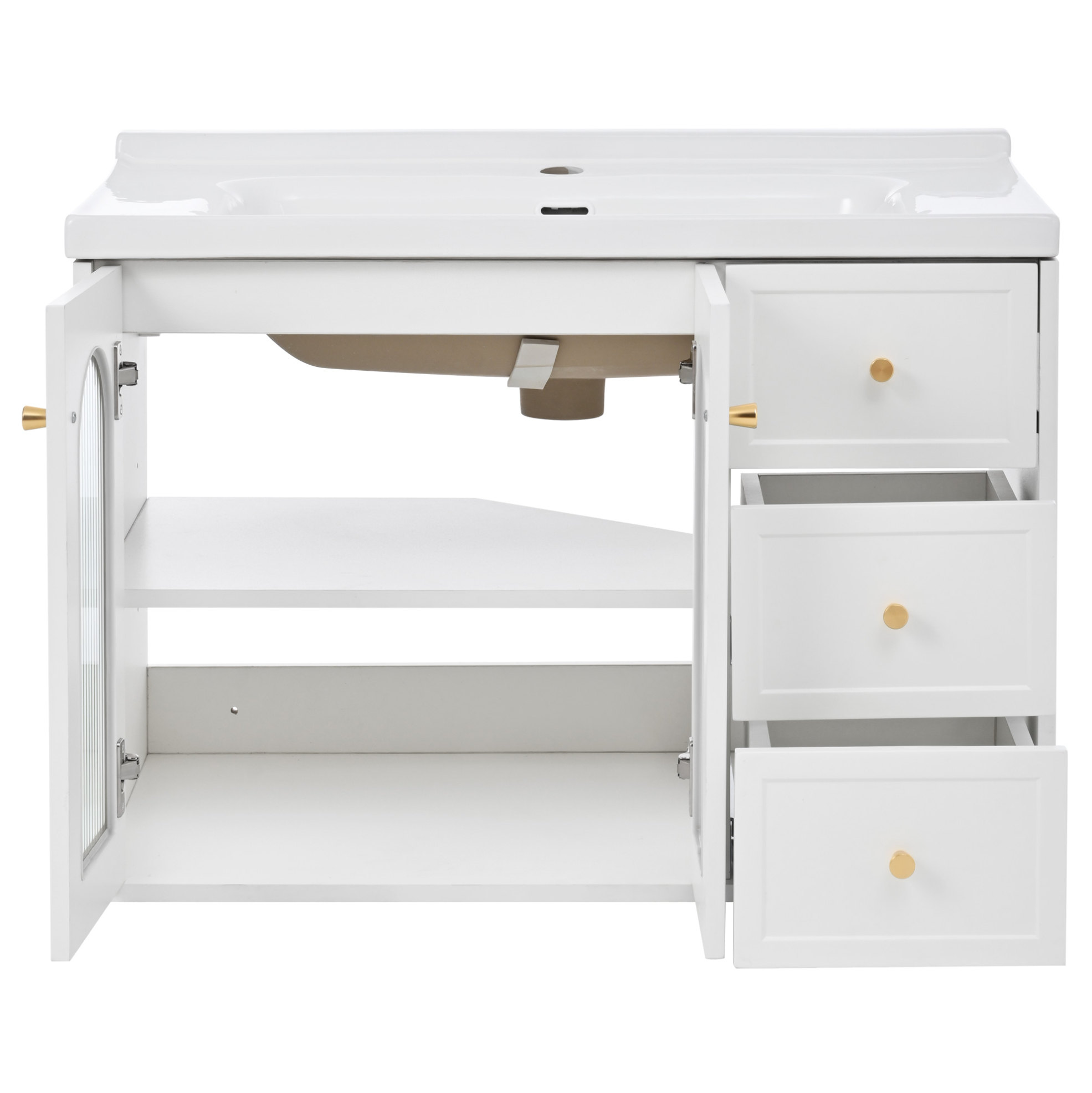 Hängendes Badmöbel 80 Cm Mit Keramikwaschbecken, Weißem Mdf, 2 Schubladen Und Gewellter Glastür