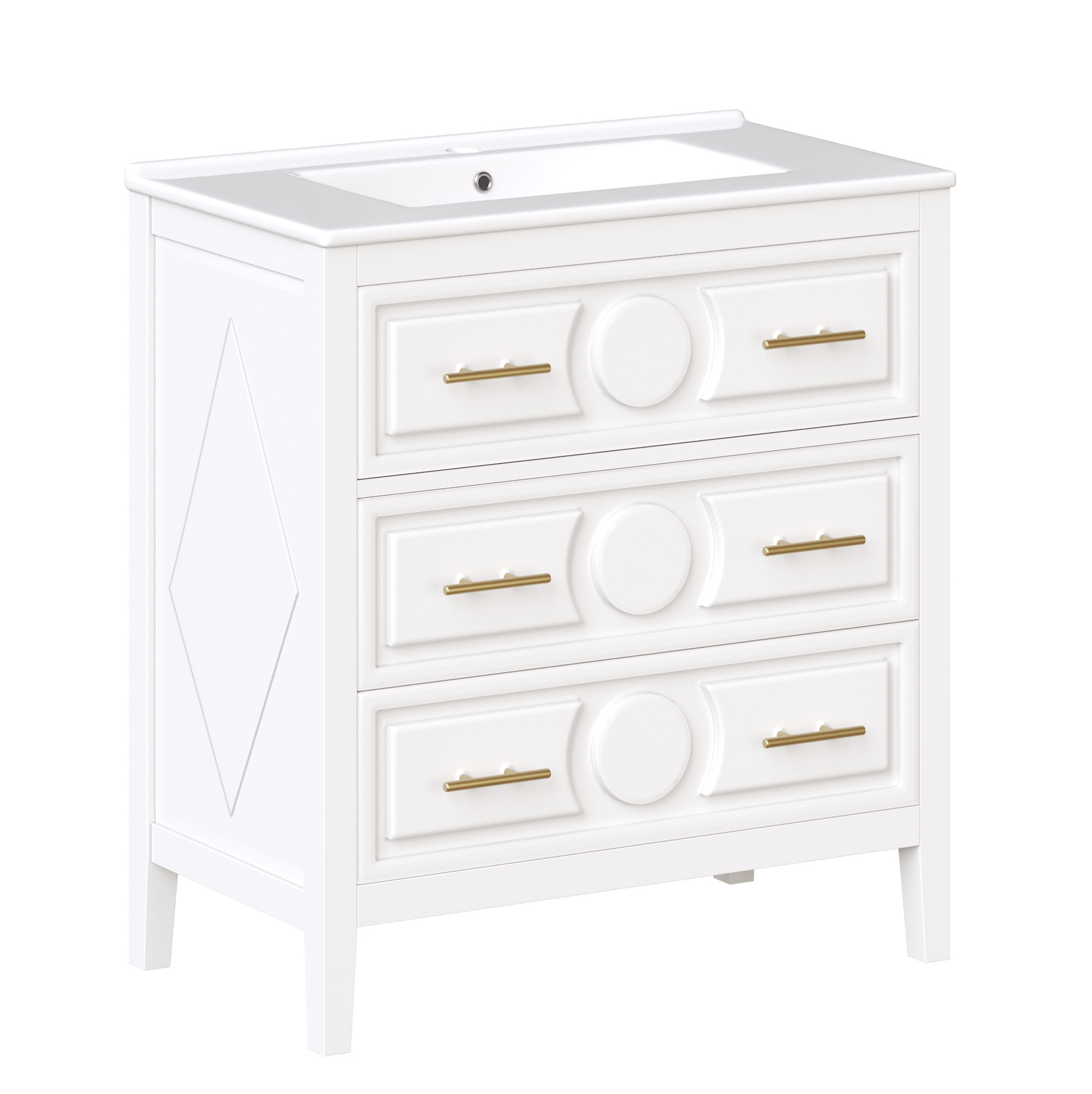 Weißer Badunterschrank 81 Cm Mit Keramikwaschbecken, 3 Schubladen, Retro-stil