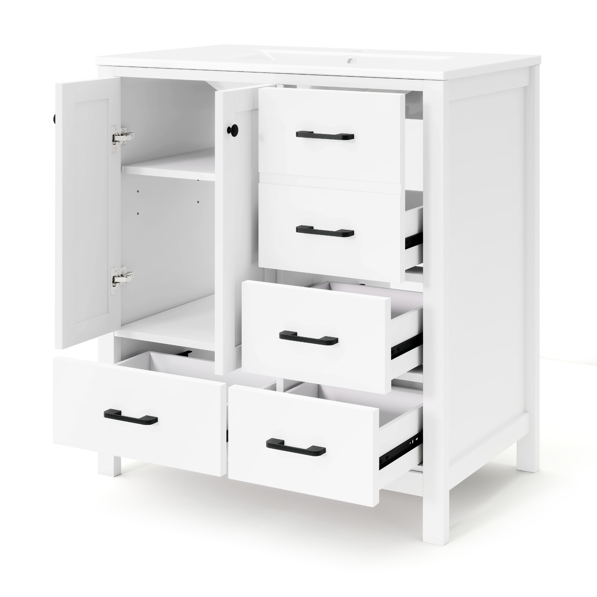 Freistehender Badschrank 76x46x82 Cm Mit Keramikwaschbecken, Weiß, Modenuit