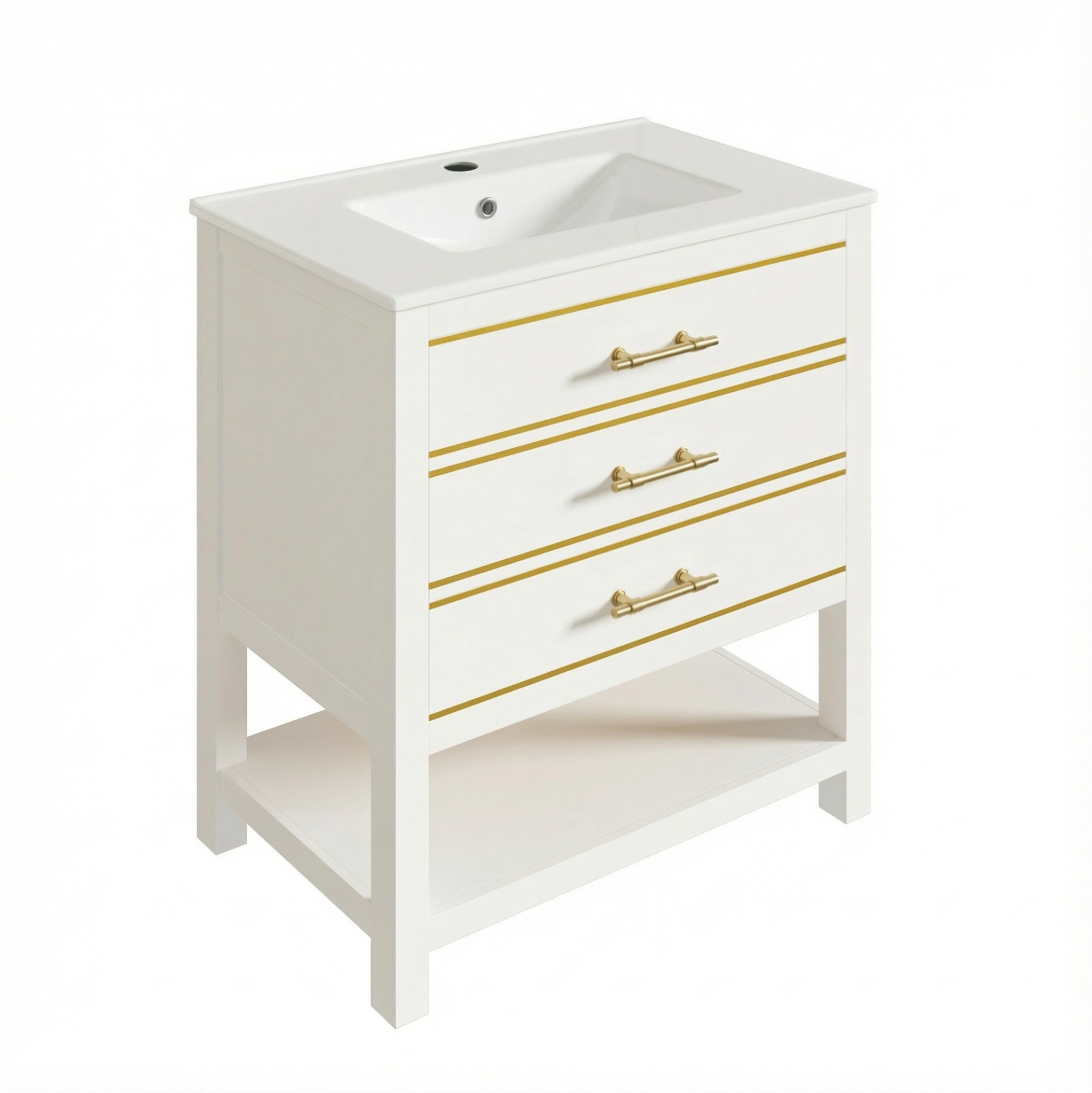 Freistehender Badschrank Weiß Mit Keramikwaschbecken, 2 Schubladen Und Offenem Fach, 76 Cm