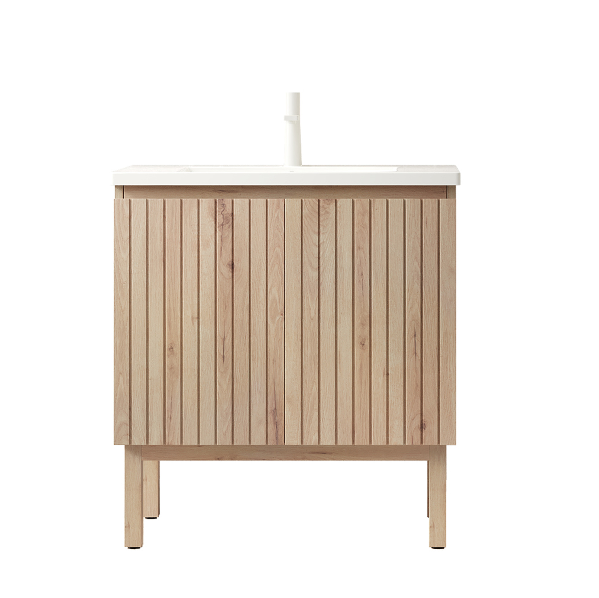 Freistehender Badschrank 80 Cm Mit Weißem Keramikwaschbecken Und Doppeltür