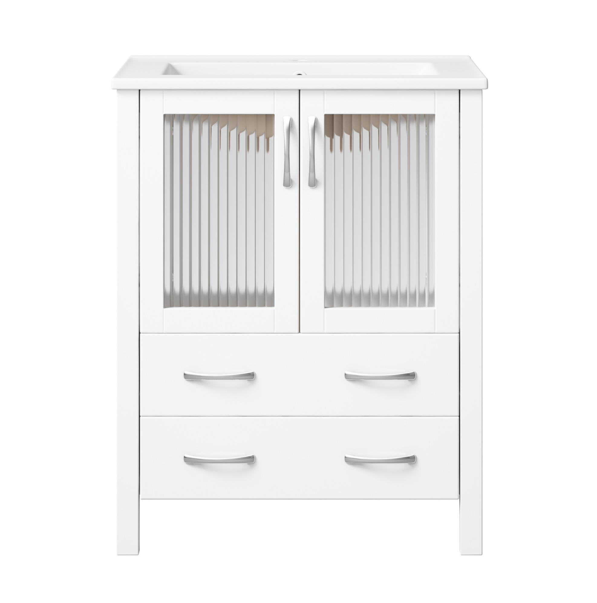 Freistehender Badschrank 61 Cm, Hochglanzweiß, Keramikwaschbecken, Schubladen Und Riffelglas