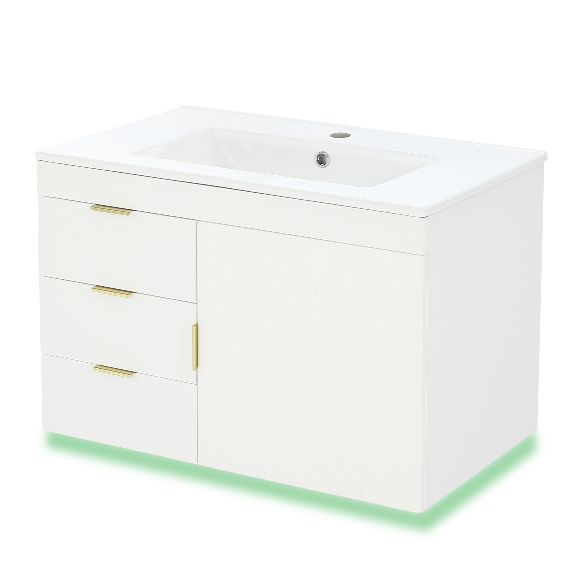 Hängender Badschrank 76 Cm Mit Keramikwaschbecken, Mdf Weiß Holzoptik, Led-app, Soft-close