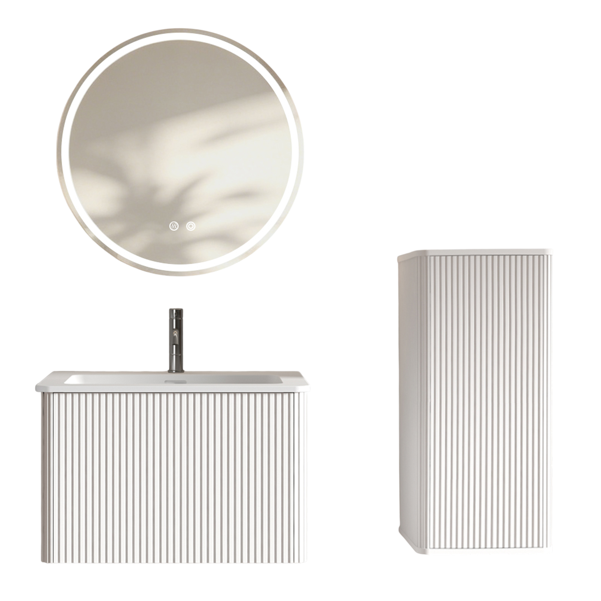 Hängendes Badmöbel-set Mit Waschbecken Und Rundem Led-spiegel 60 Cm, 3-teilig, Weiß