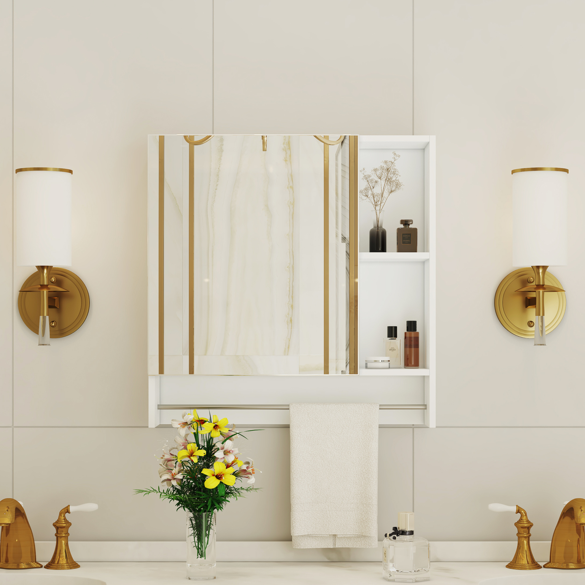 Hängender Badezimmerschrank Mit Spiegel, Weiß, Mdf, 56 X 13 X 55 Cm, Modenuit