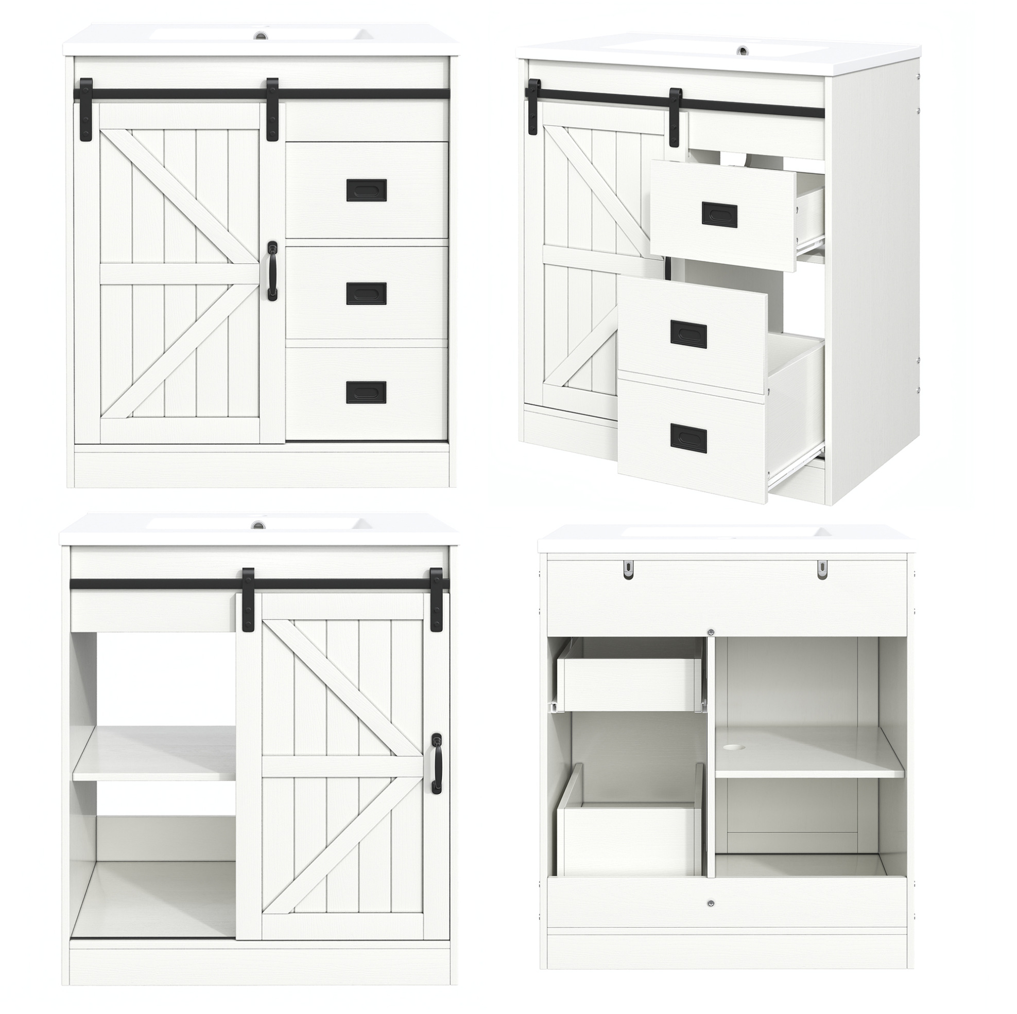 Weißer Badschrank Mit Keramikwaschbecken, Scheunentor-design, Schubladen Und Schrank Modenuit