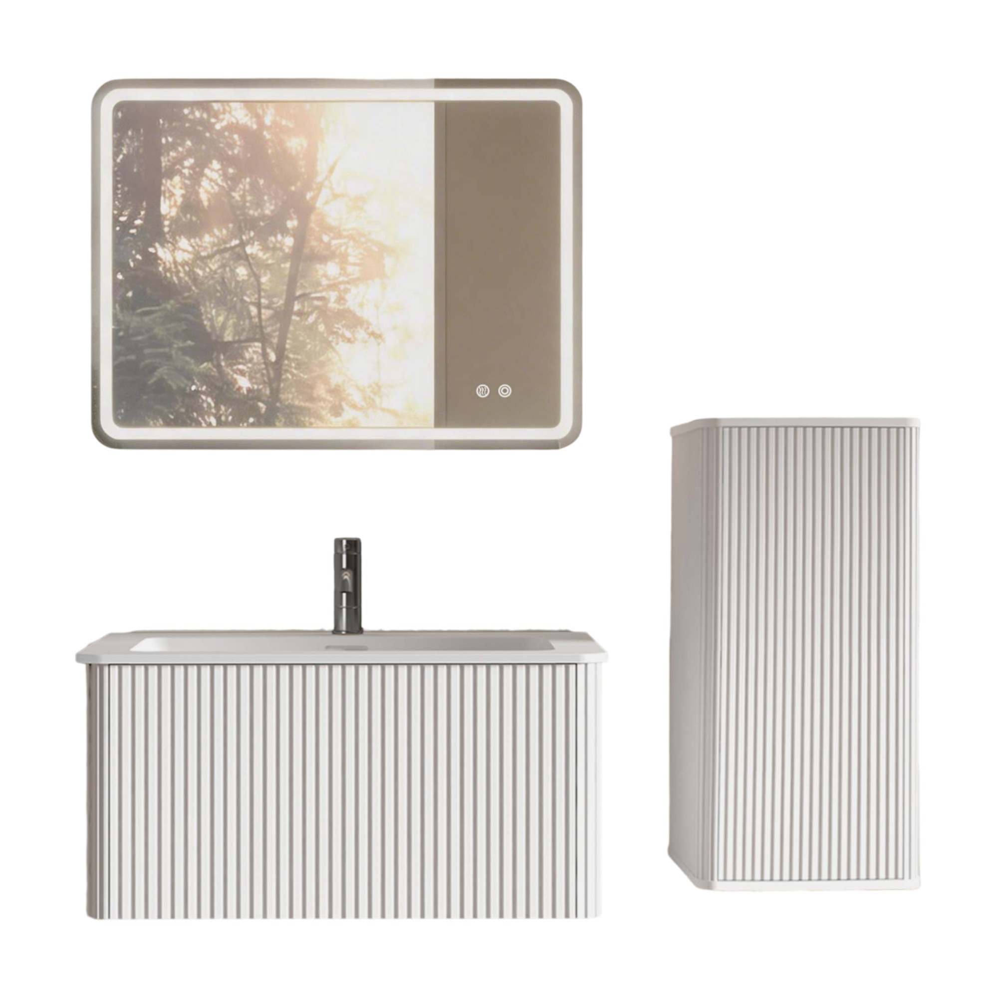 Badmöbel-set Mit Waschbecken Und Led-spiegel, Weiß, Mit Seitenschrank, Modenuit