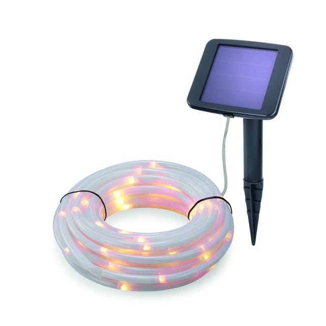 Solar Lichtschlauch, 10m, 100 LEDs, warmweiß, Zuleitung 2m, Akku, Solarmodul, Erdspieß, Wintergarten, Außenlichterkette, Hochzeitsdeko,