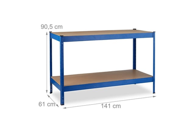 Werkbank, 2 verstellbare Ebenen, HxBxT: 90,5x141x61 cm, Stecksystem, Arbeitstisch für Werkstatt, Stahl, blau - Relaxdays
