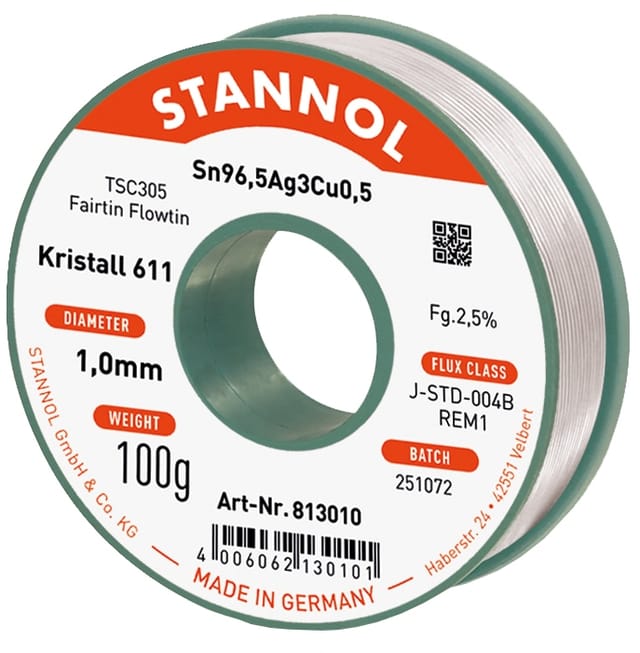 Stannol - Kristall 611 Fairtin Lötzinn, bleifrei bleifrei Sn96,5Ag3Cu0,5 REM1 100 g 1 mm