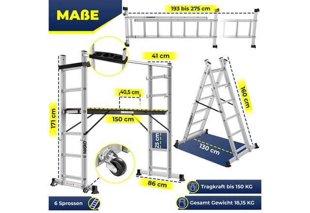 Baugerüst Alugerüst Gerüst Alu Leiter Arbeitsgerüst Arbeitsbühne bis 150 kg belastbar Anti-Rutsch beschichtet Gerüstleiter Silber - Masko