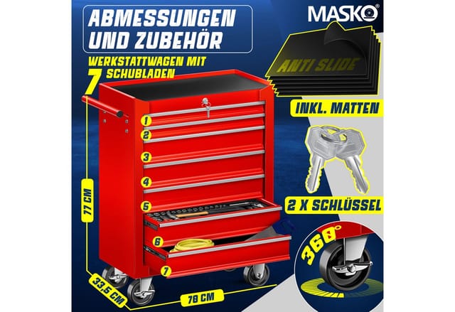 Masko® Werkstattwagen Rollwagen Werkzeugwagen Werkzeugkiste Fächer Toolbox Werkzeug-Box 7 Fächer Rot