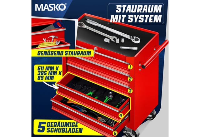 Werkstattwagen Rollwagen Werkzeugwagen Werkzeugkiste Fächer Toolbox Werkzeug-Box 5 Fächer Rot - Masko