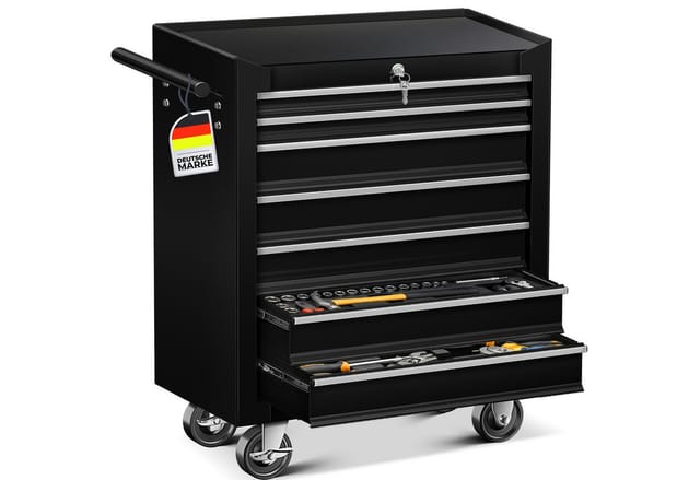 Werkstattwagen Rollwagen Werkzeugwagen Werkzeugkiste Fächer Toolbox Werkzeug-Box 7 Fächer Schwarz - Masko