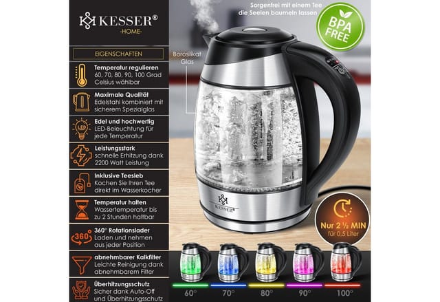 1.8L Edelstahl Wasserkocher 2200W Glaswasserkocher Warmhaltefunktion Schwarz - Kesser