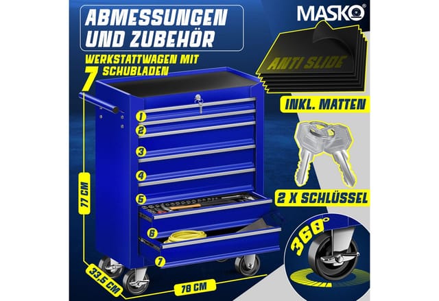 Masko® Werkstattwagen Rollwagen Werkzeugwagen Werkzeugkiste Fächer Toolbox Werkzeug-Box 7 Fächer Blau