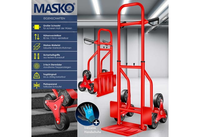 Masko® Treppenkarre Sackkarre 200kg Transportkarre Treppensteiger Stapelkarre Rot