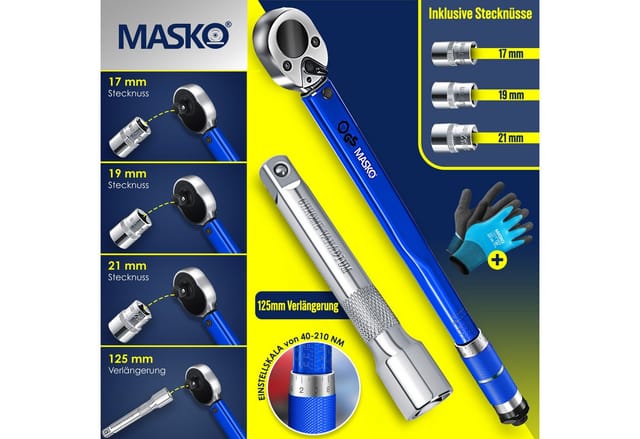 Drehmomentschlüssel 6tlg. Set 40-210Nm 1/2 ' cv inkl. 3 Stecknüssen 17mm 19mm 21mm und Verlängerung 125mm inkl. Koffer +/- 4% Toleranz Reifen Blau