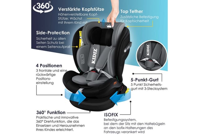 Kindersitz Autositz Kinderautositz Baby Isofix Top Tether 360° drehbar i-Size Gruppe 0/1/2/3 ab Geburt -12 Jahre + Sonnenschutzdach Seitenschutz 5