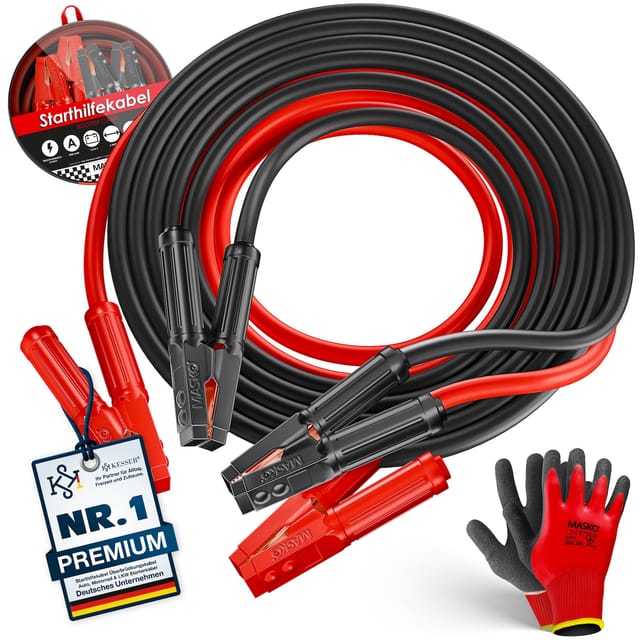 MASKO® Starthilfekabel Überbrückungskabel für Benzin- und Dieselmotoren, 6/12/24 Volt. Auto Motorrad Starterkabel aus Kupfer inkl. Handschuhe und Tragetasche (25mm² 1200A / 30mm² 1500A)