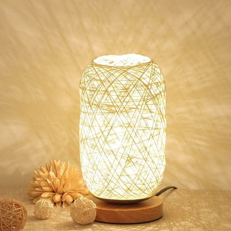 Linghhang – Nachttischlampe Aus Holz Und Hanfseil – Usb-wiederaufladbare Led – Dimmbar – Ip65 – 14 X 12 X 23 Cm