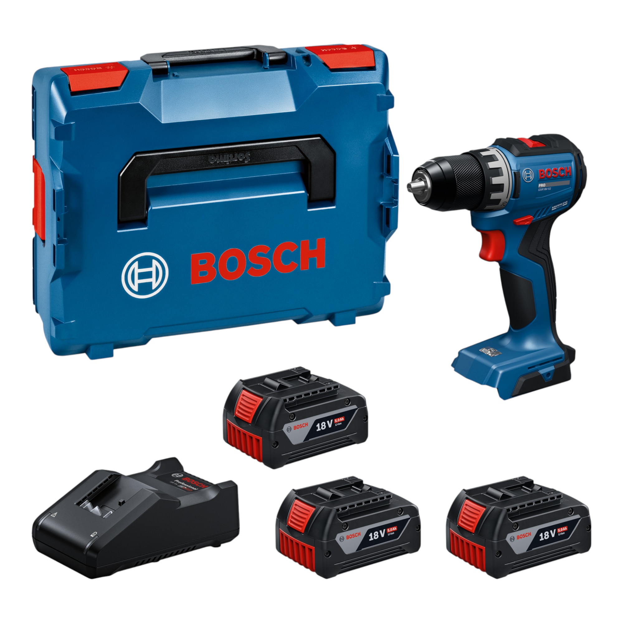 Bosch Gsr 18v-52 Professional Akku Bohrschrauber 18 V 70 Nm ( 06019s0027 ) Brushless + 3x Akku 5,0 Ah + Ladegerät + L-boxx