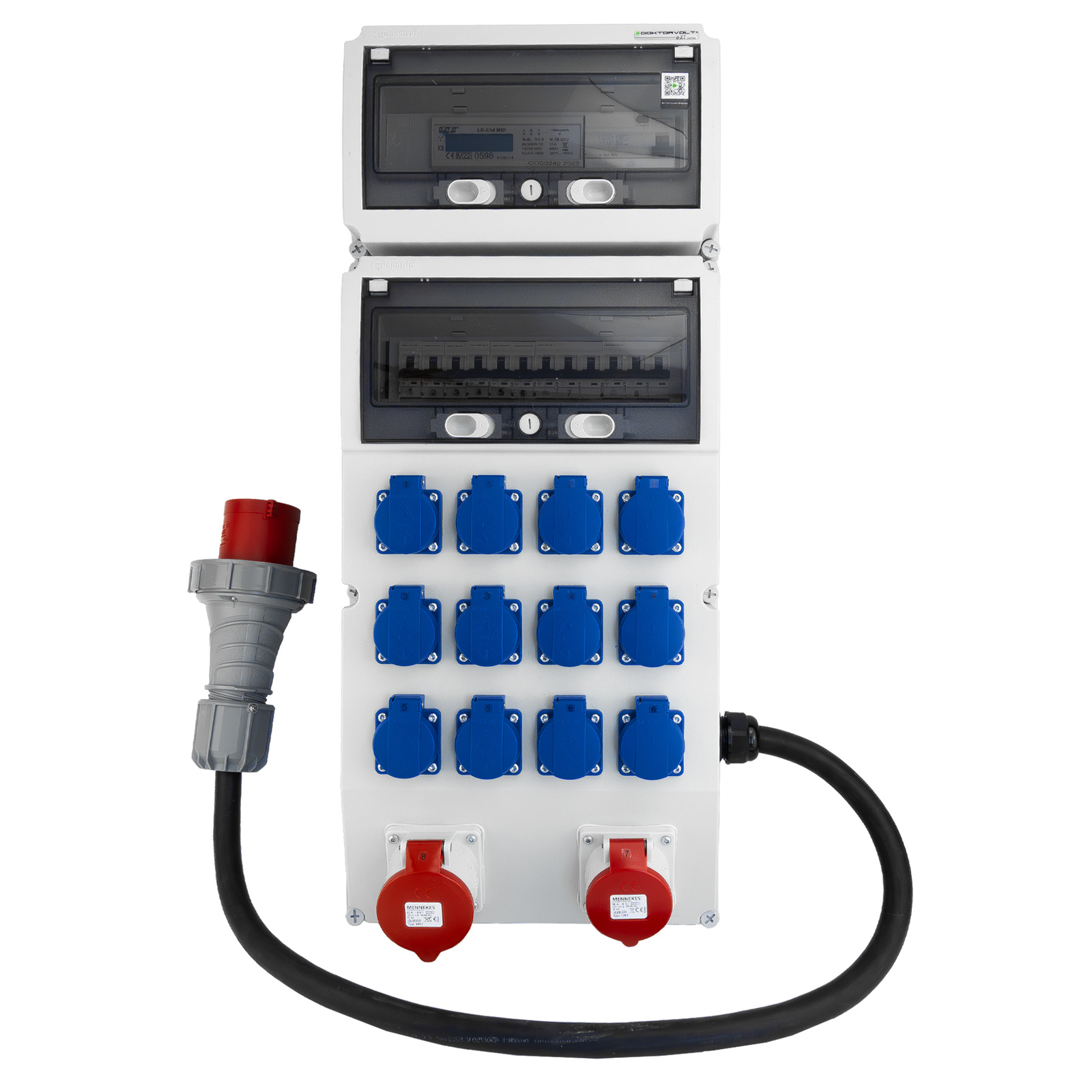 Baustromverteiler 32a 16a 12x230v Mit Mid-energiezähler Mennekes Steckdosen Und 5x10mm² Kabel Doktorvolt® Ext-s/fi Dv-8218-f