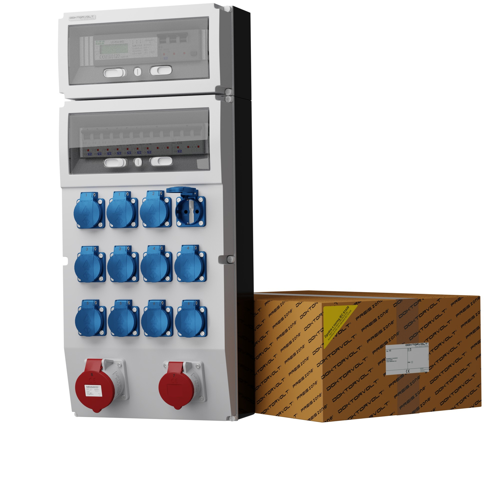 Stromverteiler Ext-s/fi 32a 16a 12x230v + 3phasige Stromzähler Doktorvolt® Dv-0762-d