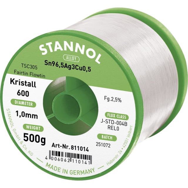 Stannol - Kristall 600 Fairtin Lötzinn, bleifrei bleifrei Sn96,5Ag3Cu0,5 REL0 500 g 1 mm