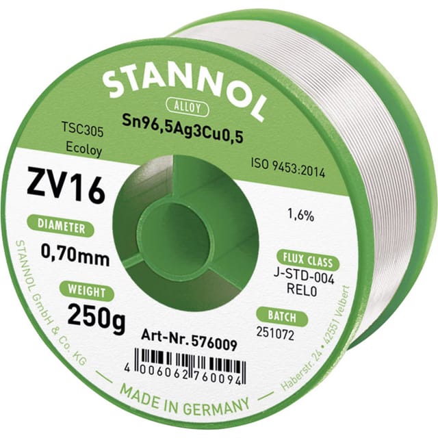 Stannol - ZV16 Lötzinn, bleifrei bleifrei Sn96,5Ag3Cu0,5 REL0 250 g 0.7 mm
