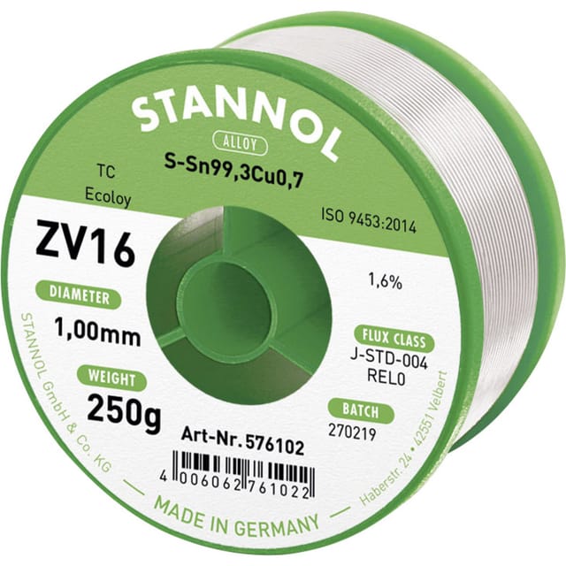 Stannol - ZV16 Lötzinn, bleifrei bleifrei Sn99,3Cu0,7 REL0 250 g 1 mm