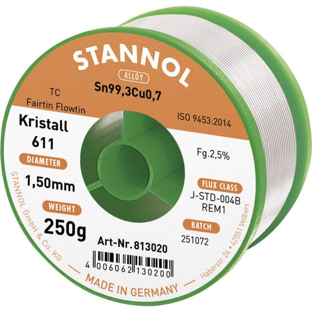 Stannol - Kristall 611 Fairtin Lötzinn, bleifrei bleifrei Sn99,3Cu0,7 REM1 250 g 1.5 mm