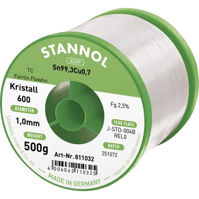 Stannol - Kristall 600 Fairtin Lötzinn, bleifrei bleifrei Sn99,3Cu0,7 REL0 500 g 1 mm